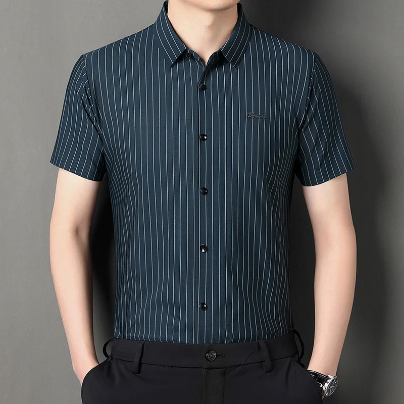 Men Fashion Summer Thin Striped Shirt Mulberry Silk Short-sleeved Shirt