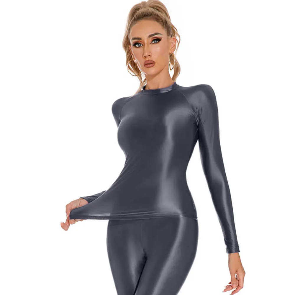 Glänzendes Elastisches Langarm-Shirt für Damen Fitness Gym Athletik Yoga T-Shirt Eng Anliegendes Sexy Oberteil Lässiges Crop Top Bustier-Top – Detail 5