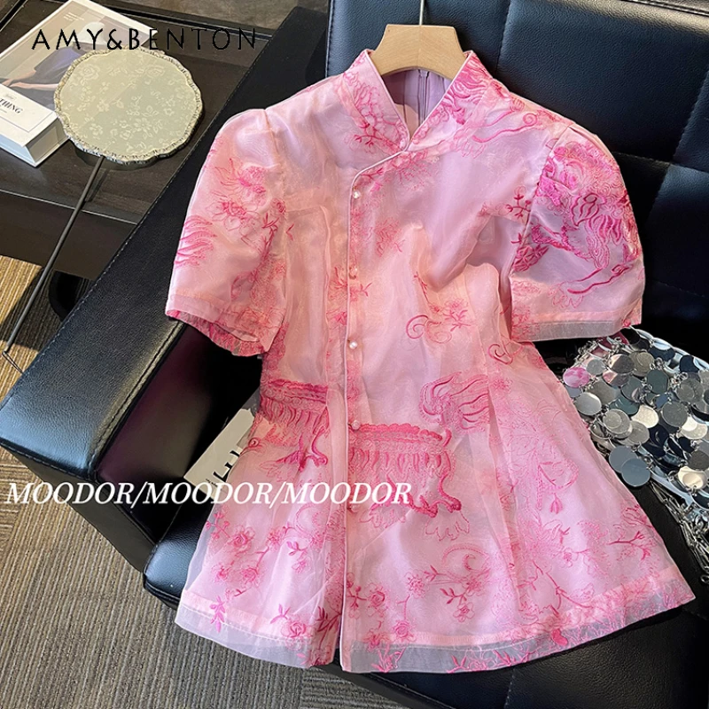 New Chinese Embroidery Mesh Cinched Short-Sleeved Slim Fit Top Shirt For Women's 2024 Summer Chic Design Pink Pants Suit Outfits