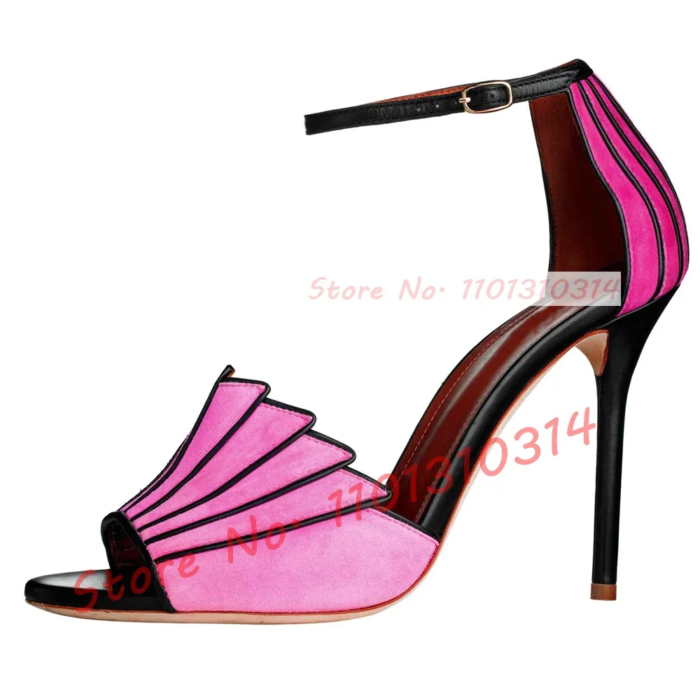 Multicolor Fan-shaped Suede Sandals Women Sweet Splicing Pink High Heels Open Toe Shoes Girl\'s Summer Party Cover Heel Shoes