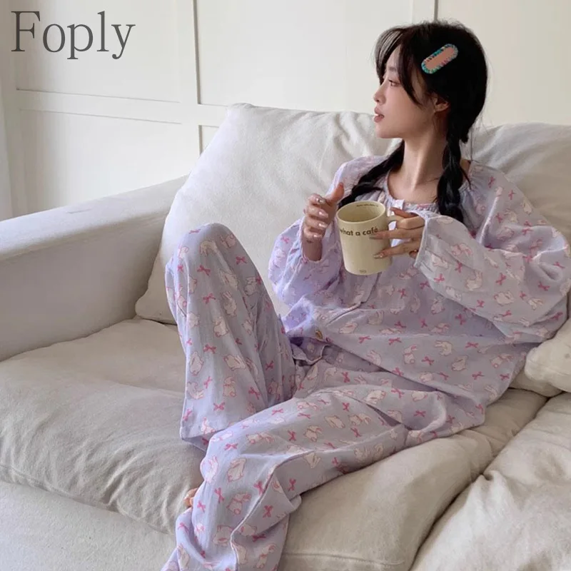 

Women's Cartoon Purple Rabbit Pajamas Spring and Autumn Summer Korean Cute Thin Loose Long-sleeved Home Clothes Two-piece Set