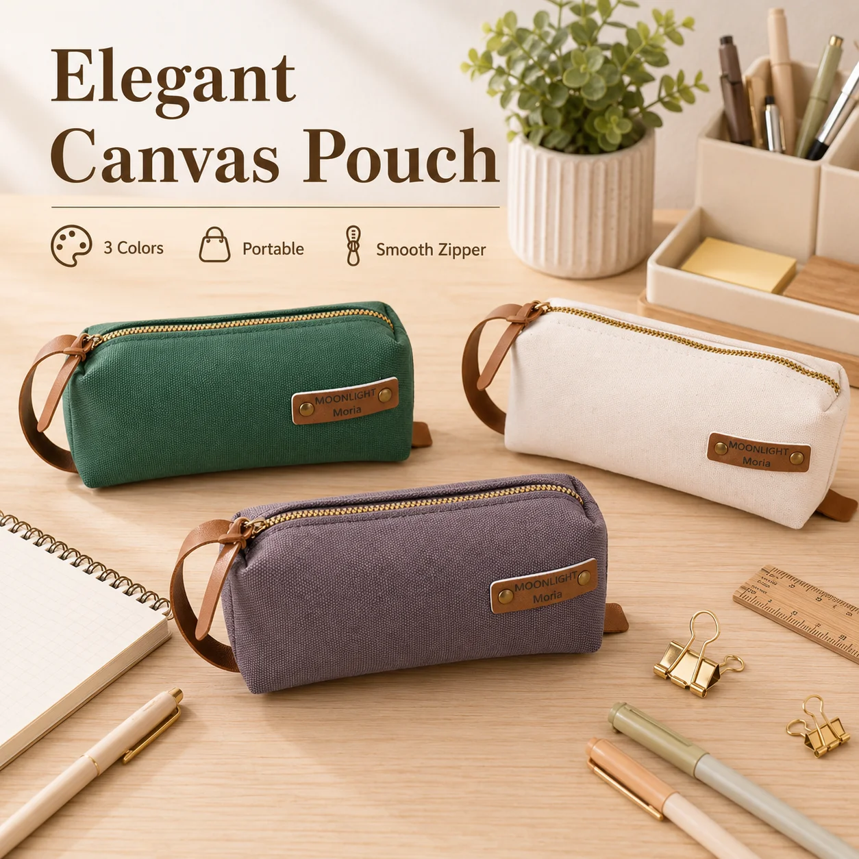 Lightweight Wear-resistant Canvas Retro Leather Pull Tab Metal Zipper Pencil Bag for Travel School Desktop Small Items Storage