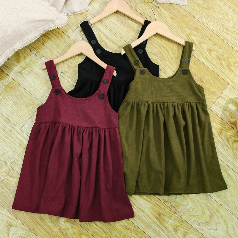 Chic Christmas Party Girls Corduroy Dress Vintage New Children's Pleated Loose Adjustable Straps Sleeveless Autumn Dresses