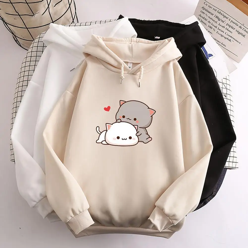 Soft Fleece Candy Color Autumn Hoodie Students Sweatshirt Cartoon Cat Print Drawstring Women Men Hoodies Korean Couple Hoodies