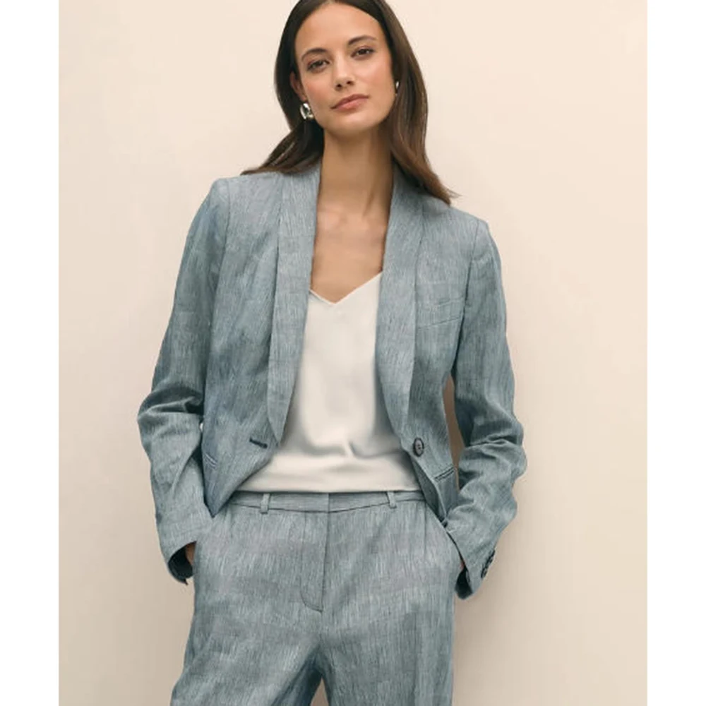 

2025 женский простой светло-серый синий костюм на одной пуговице, комплект из 2 предметов, свободный повседневный офисный женский наряд с шалью и лацканами (куртка + брюки)