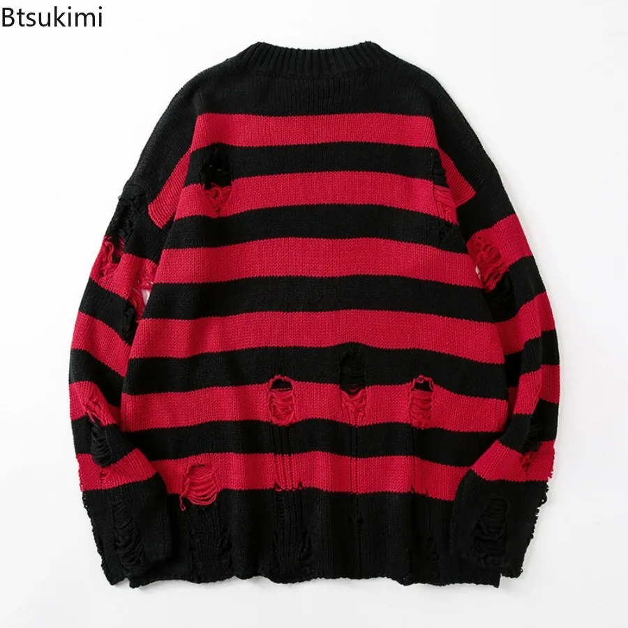 New 2025 Men's Black Stripe Sweaters Trend Ripped Holes Knitted Pullover Sweaters Harajuku Streetwear Couple Loose Knitwear Tops