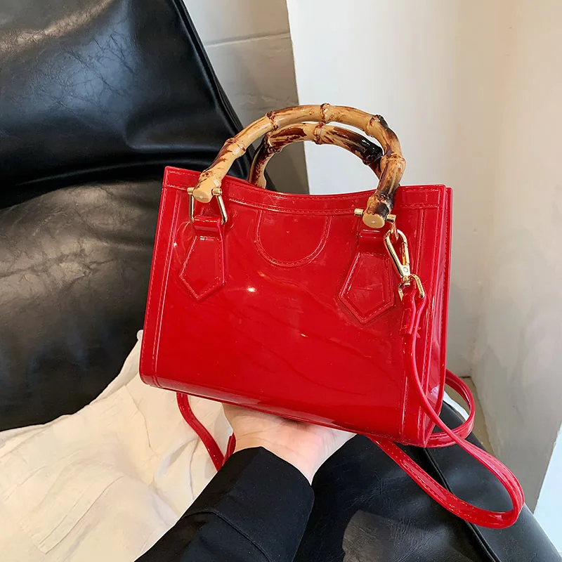 

Women's Lacquer Leather Red Crossbody Bag New Bamboo Joint Handheld Bag Female PU Fashionable Solid Color Small Square Bag