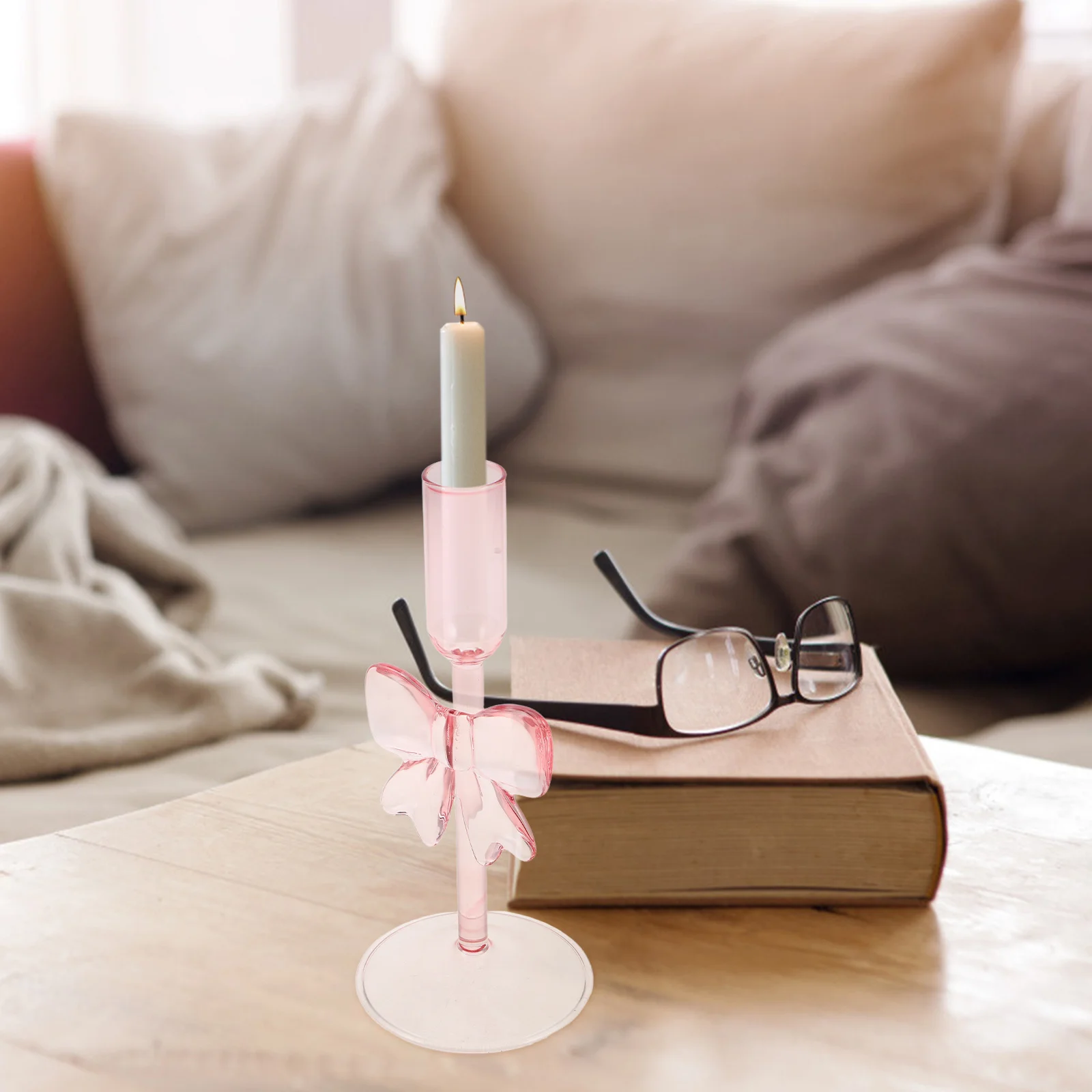 

Glass Bowknot Holder Tall Stem Taper Candlestick for Wedding Dining Table Centerpiece Party Decoration Holder