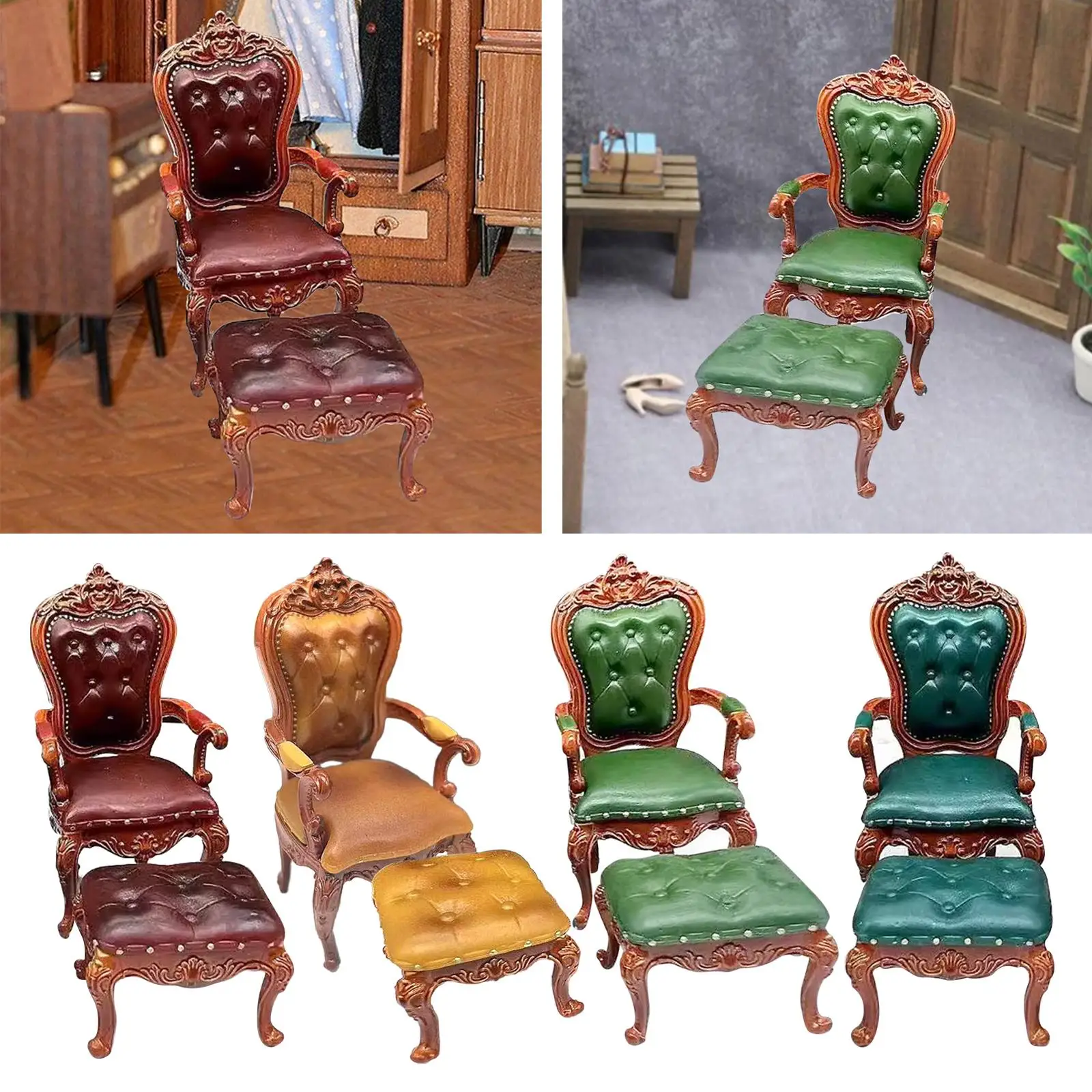 2 Pieces 1:12 Dollhouse Chair and Foot Stool Micro Landscape Scenery Supplies Mini Model for Bedroom Living Room Home Ornaments