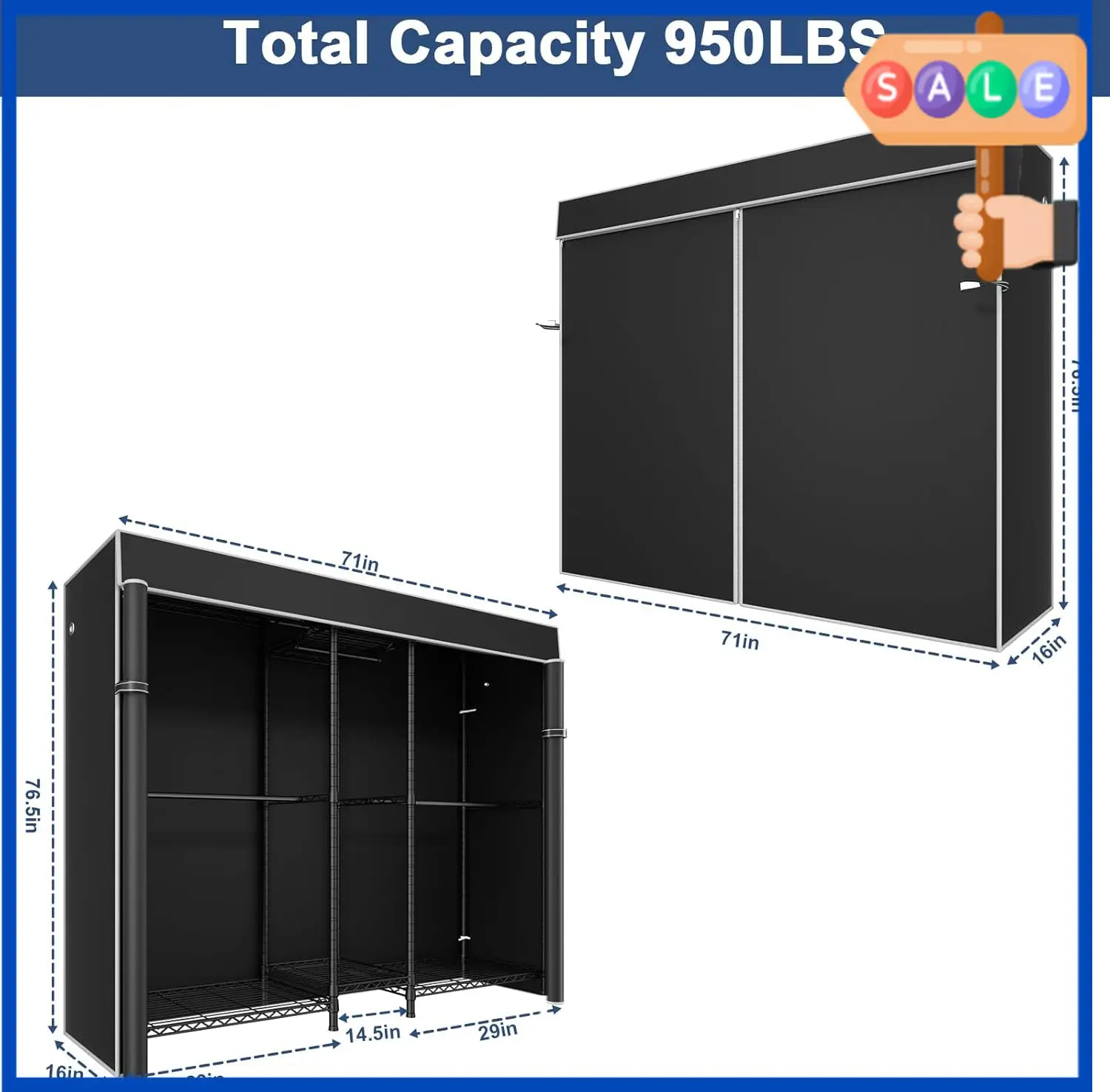 Sale priceE12C Pro Heavy Duty Closet Organizer System,Freestanding Clothing Rack, Adjustable Garment Rack 71" W x 16" D x 76.5"