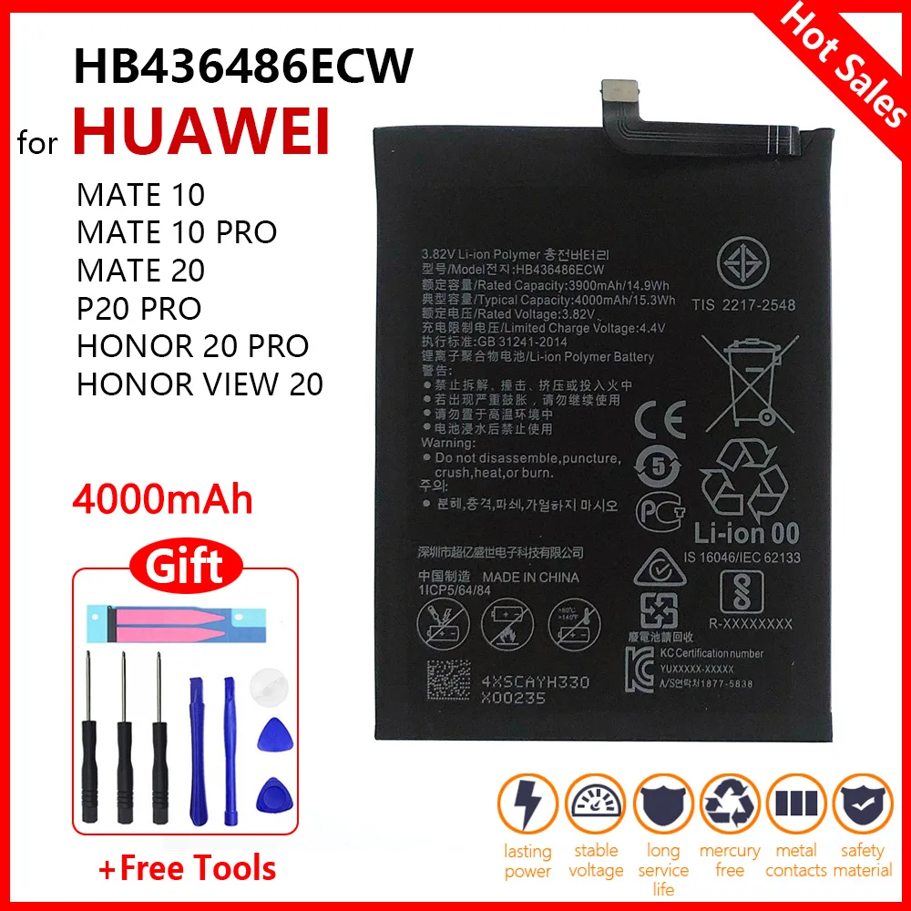 

Origina Replacement Phone Battery HB436486ECW 4000mAh for Huawei Mate 10 / 10 Pro Mate 20 P20 Pro Honor V20 Batteries+Free Tools