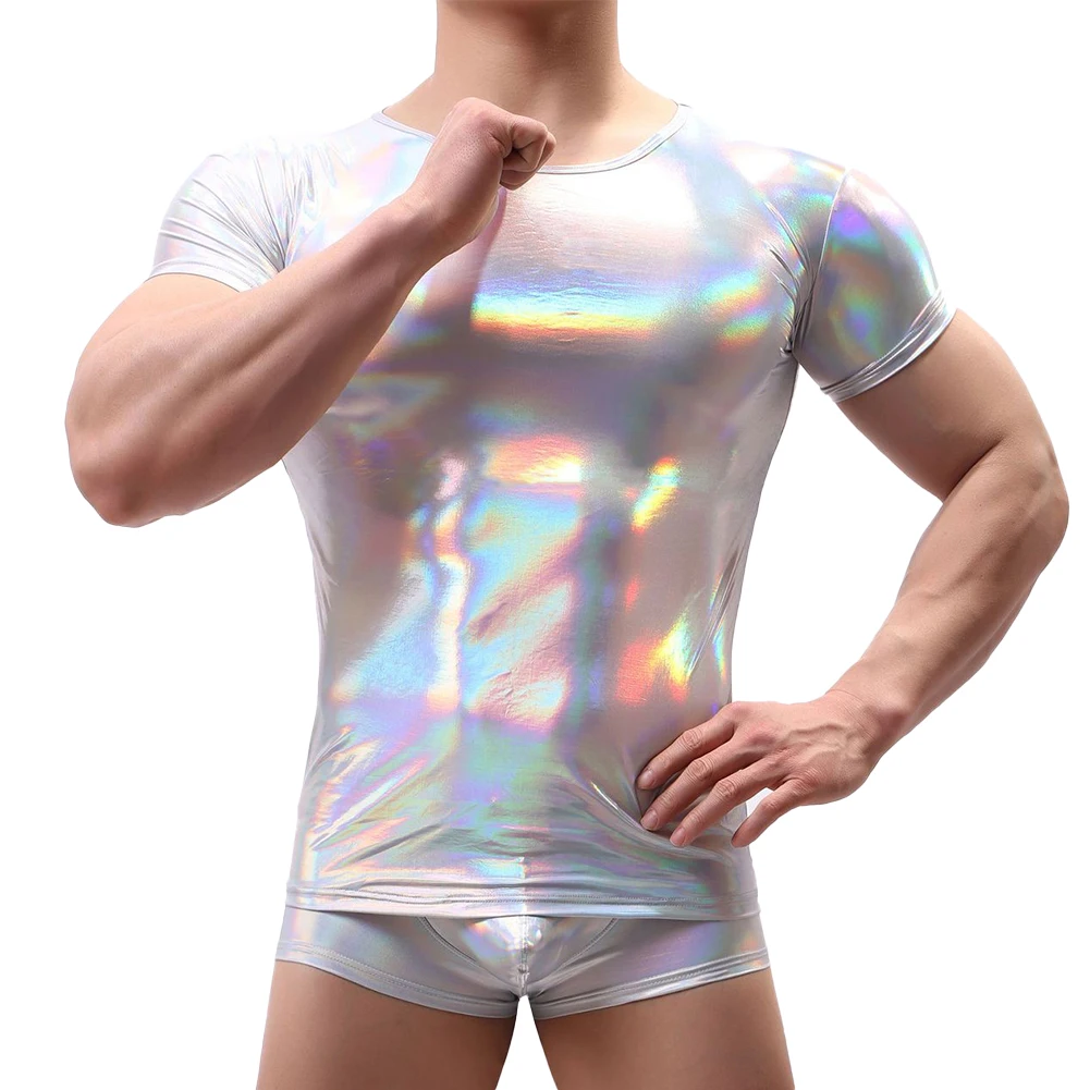 Men Glossy T-Shirt Short Sleeve Skinny Fit PU Leather Tees Shining Glitter Undershirts Nightlife Wear U Neck