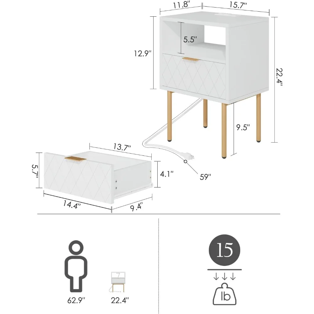 Small Side Table With Drawer Dresser for Bedroom Living Room Home Furniture Night Stand Nightstand With Charging Station Bedside