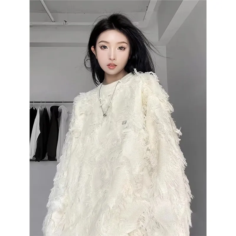 سترة متماسكة غير رسمية بلون نقي للرجال والنساء مقاس كبير 300 Pou للخريف والشتاء هونج كونج Sle ريترو شرابة محبوكة irt