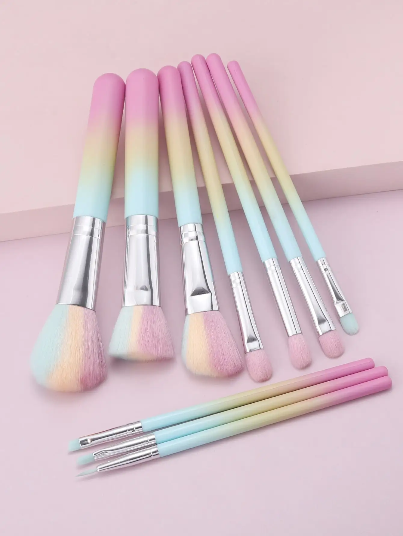 10Pcs Macaron Gradient Handle Makeup Brush Set Rainbow Color Soft Bristle Face  Foundation Blush Eyeshadow Cosmetic Brushes Kit