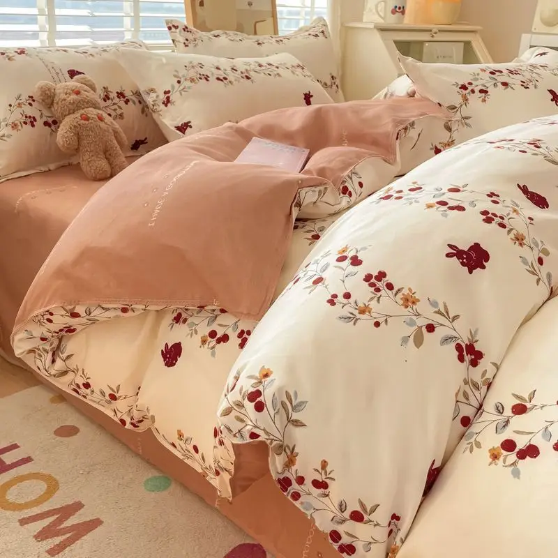 

Washed Cotton Four Piece Bed Ins Style Girl Heart Quilt Cover Bed Sheet Countryside Style Broken Flower Quilt Cover Dormitory