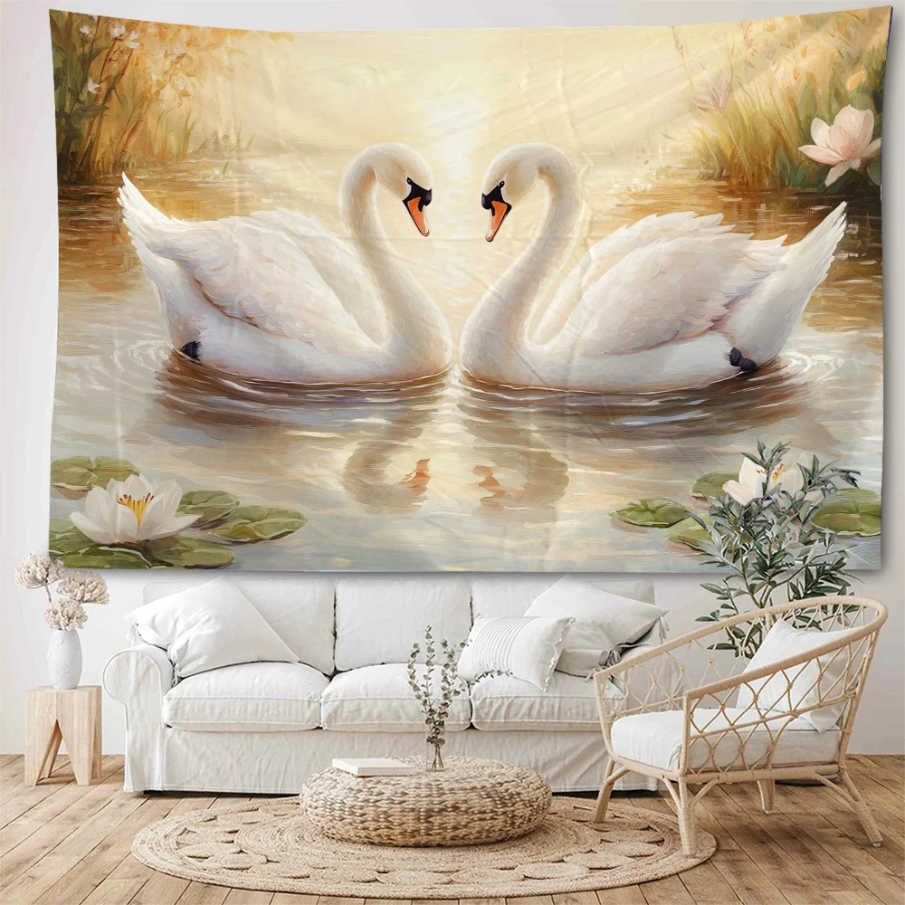 Beautiful swans in the river, affectionate and warm. The background decoration is a tapestry symbolizing beautiful love