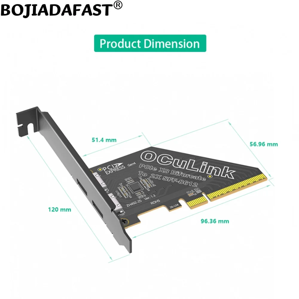 PCI-E 4.0 8X to 2 * Oculink SFF-8612 Connector Adapter Expansion Riser Card Motherboard Supports PCIe X4x4x4x4 Bifurcation