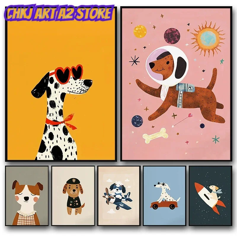 Colorful Cartoon Dog Illustrations Poster Canvas Paintings Cute Animal Nordic Wall Art Pictures Kindergarten Home Decor No Fr