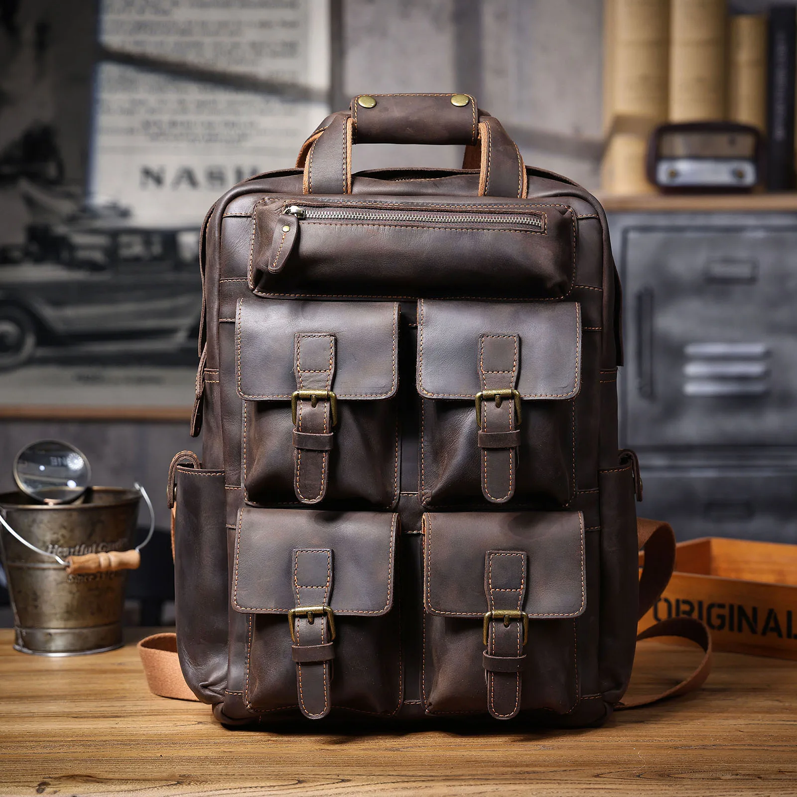 S.WORKER Vintage Echtleder-Rucksack 16 Zoll Laptop-Tasche Lässige Crazy-Horse-Leder Schultasche Outdoor-Reise-Weekender-Tasche – Detail 8