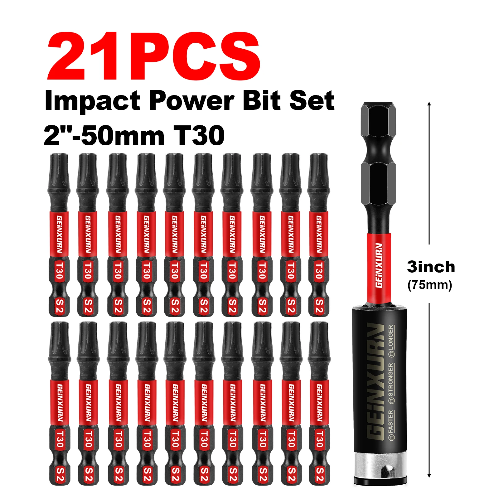 Geinxurn 2 inch Impact Tough magnetische Power Bit Set (T30), Torx Head Power Bits, S2 gelegeerd staal Star T30 schroevendraaierbitset