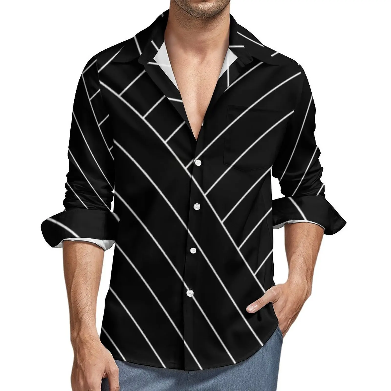 

Nordic Lines Blouse Male Abstract Geometric Shirt Long Sleeve Loose Korean Fashion Casual Shirts Spring Design Clothes Plus Size
