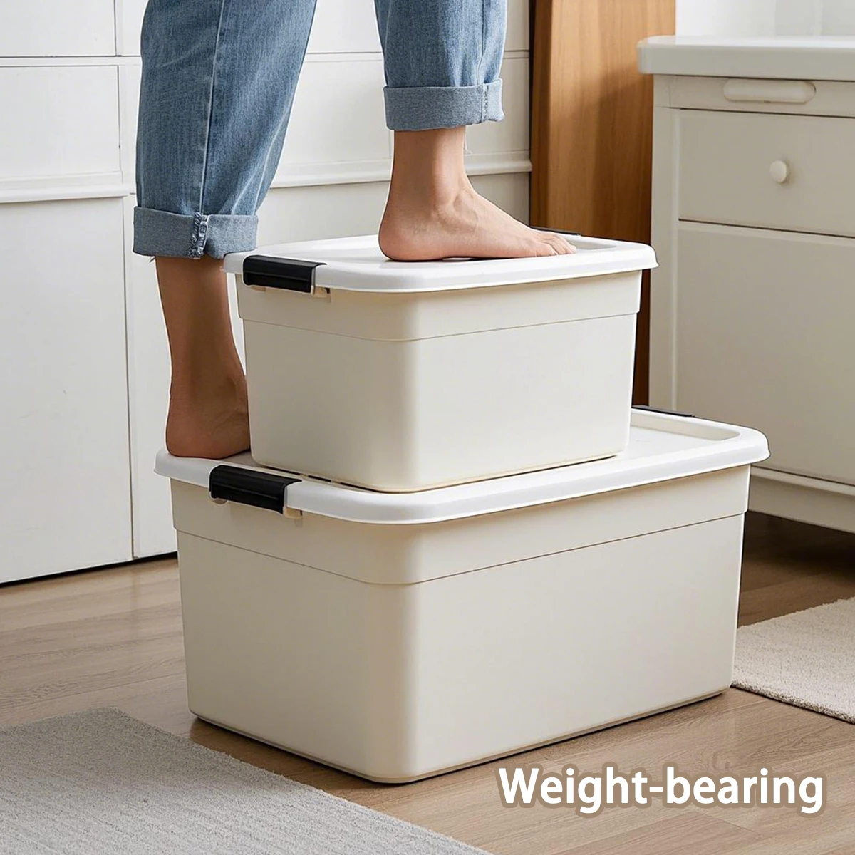 Large Capacity Rice White Household Storage Box With Handle Waterproof Layer Button Multi-Functional Durable Storage Cabinet