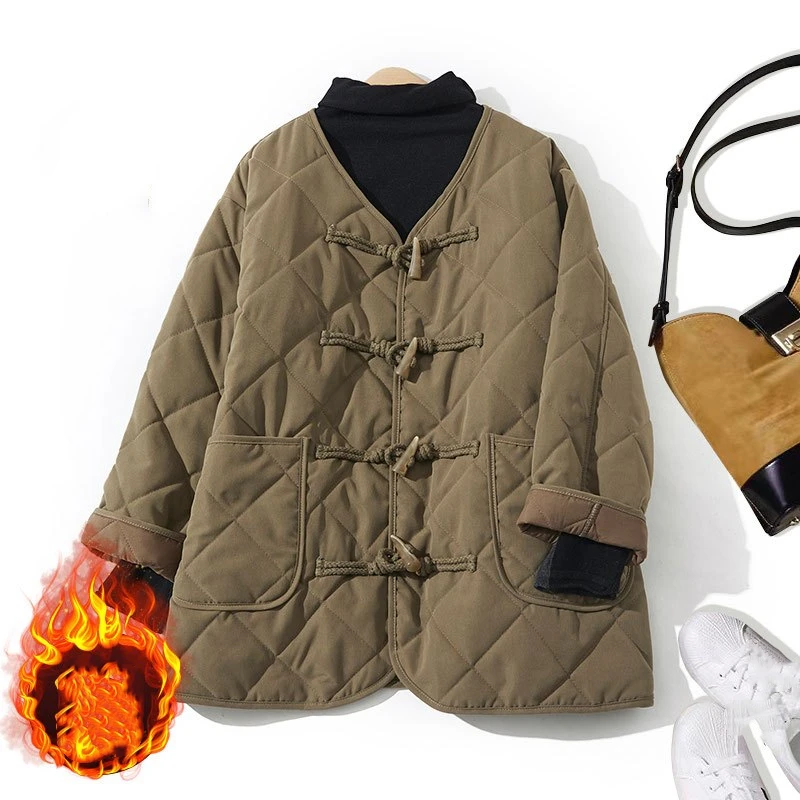 Chinese Style Women V Neck Frog Button Quilted Coat Plus Size Loose Thick Padded Jacket Casual Winter Outerwear