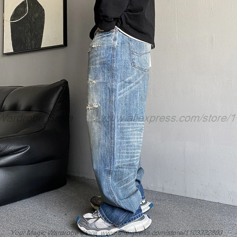 2026  and  Casual Handsome Vintage Distressed Post-Apocalyptic Wasteland Style Ripped Jeans Men's Straight Loose Wide Leg Pants