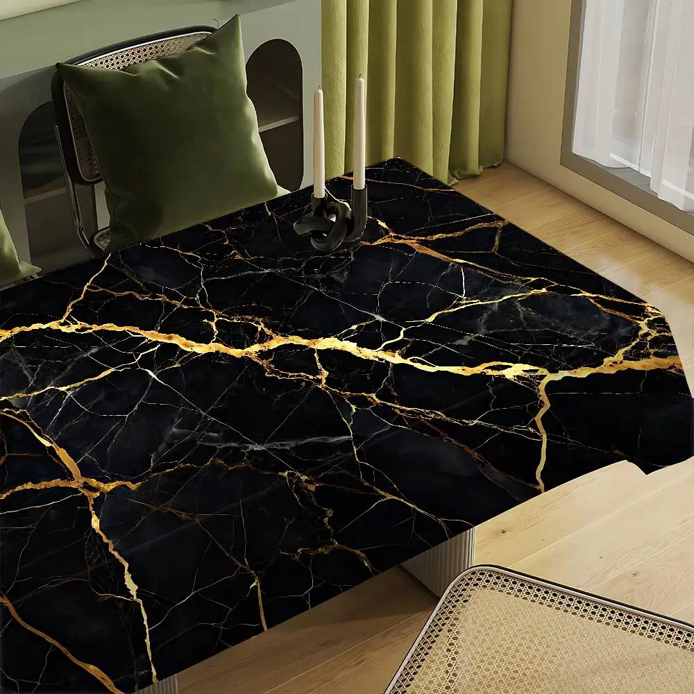 Black Gold Marble Table Cloth Tablecloth Waterproof Oil-Proof Stain-Resistant Wipeable Rectangle Table