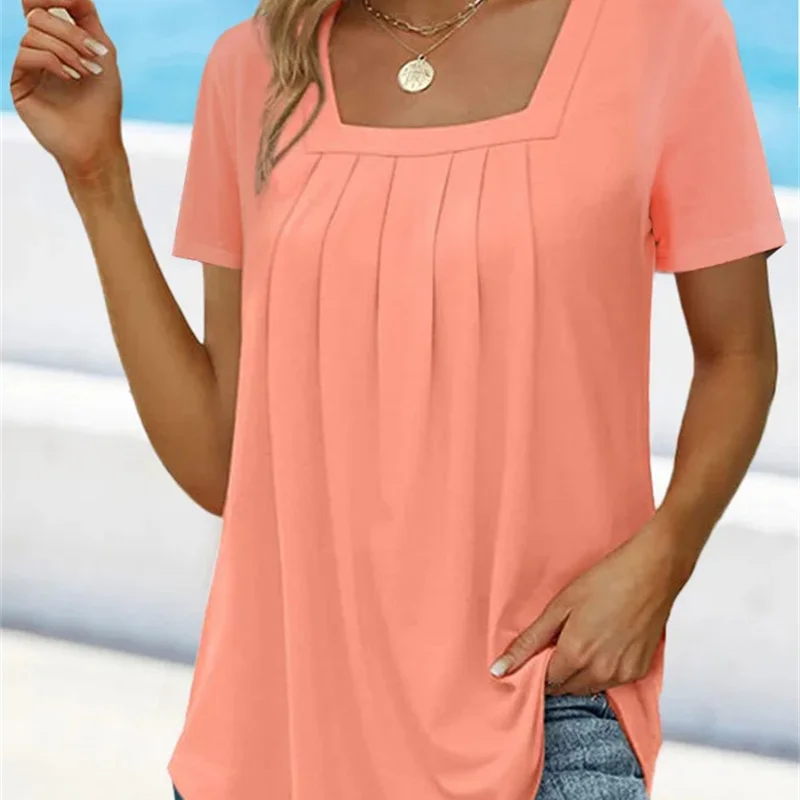 Fashion Woman Blouses 2023 Solid Color Square Collar Short Sleeve Office Lady Commuter Loose Commute Folds T-shirt