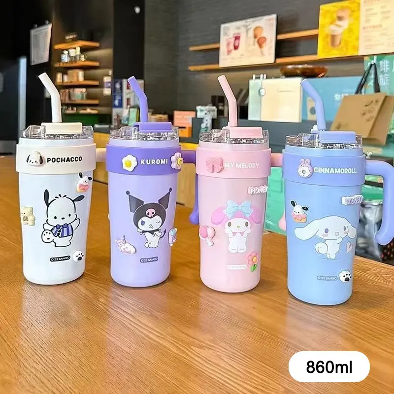 

860ml Sanrio Thermos Bottle Cold Ice Cute Hello Kitty Kuromi Cinnamoroll Melody Stainless Steel Water Bottle Tumbler Straw Gift