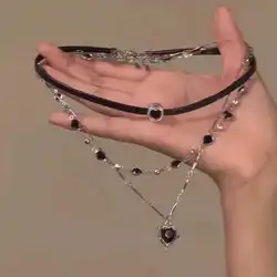 Gothic Y2K Multi Layer Black Peach Heart Pendant Choker Clavicle Chain Necklace For Women Girls Aesthetic Jewelry Accessories