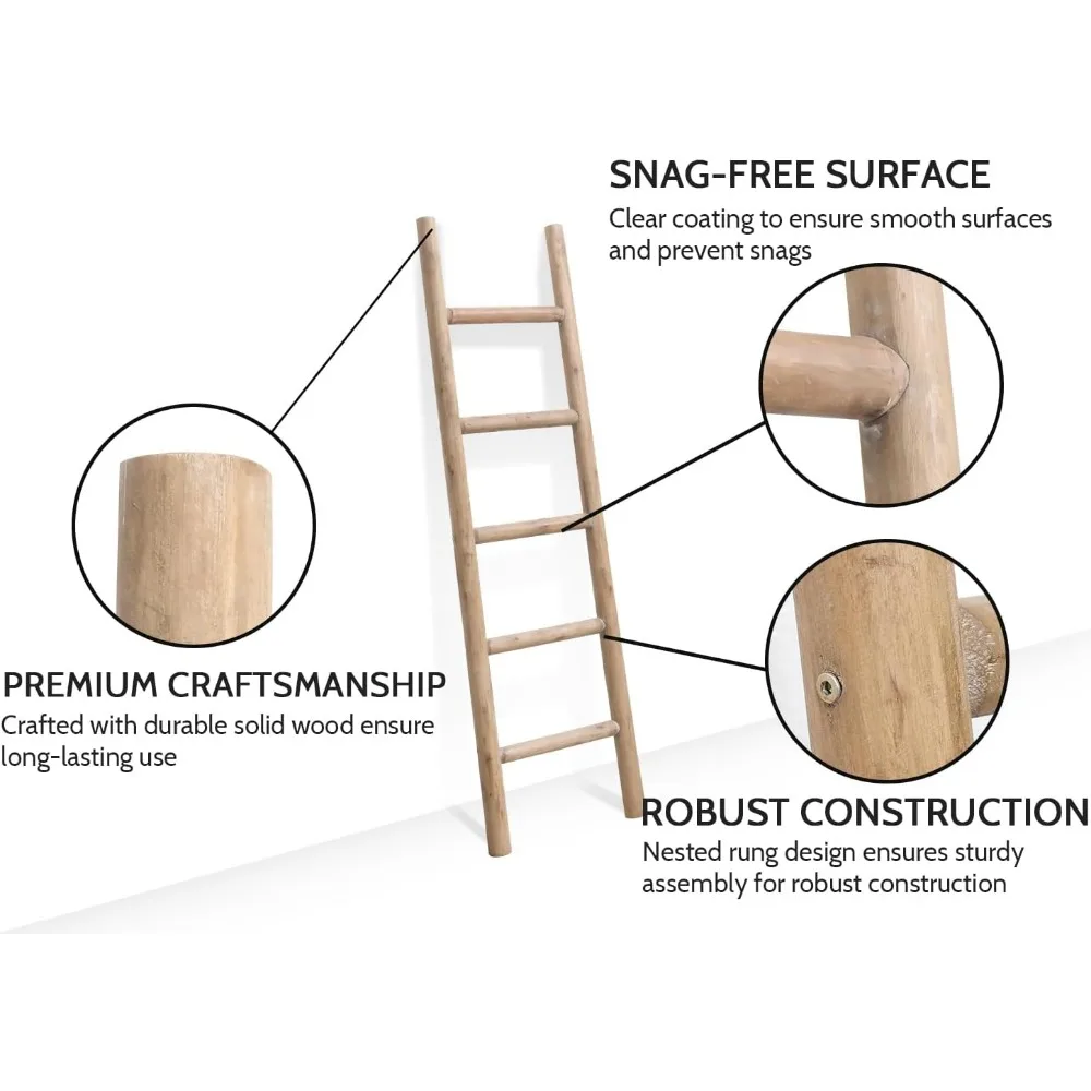 Escalera de manta de madera para sala de estar estilo granja, exhibición decorativa de colcha de pared y toallero rústico