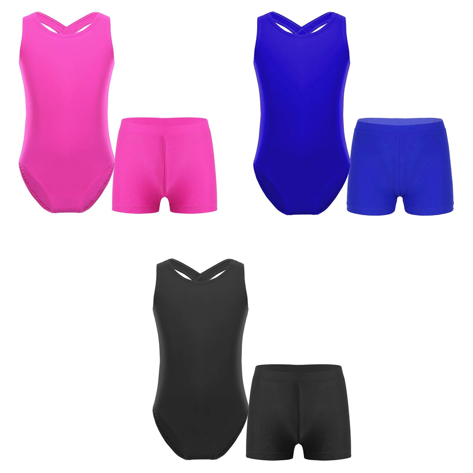 Kids Girls Ballet Leotards Jumpsuit Ballerina Dancewear Sleeveless Lace Patchwork Leotard+Shorts for Skating Gymnastics Workout