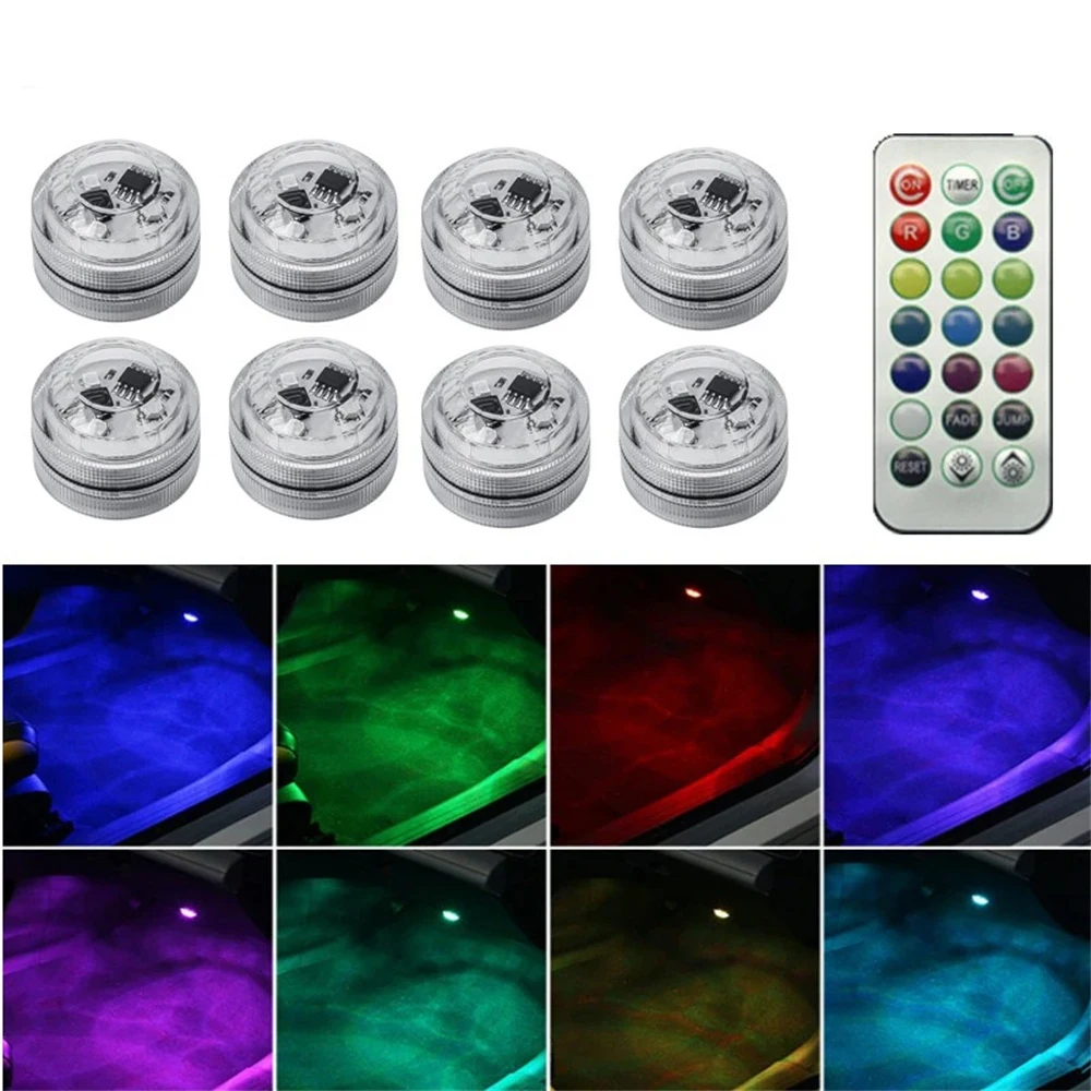 4pcs Wireless Adhesive LED Car Interior Ambient Light Auto Roof Foot Atmosphere Lamp Diamond Diving Light Remote Control ﻿