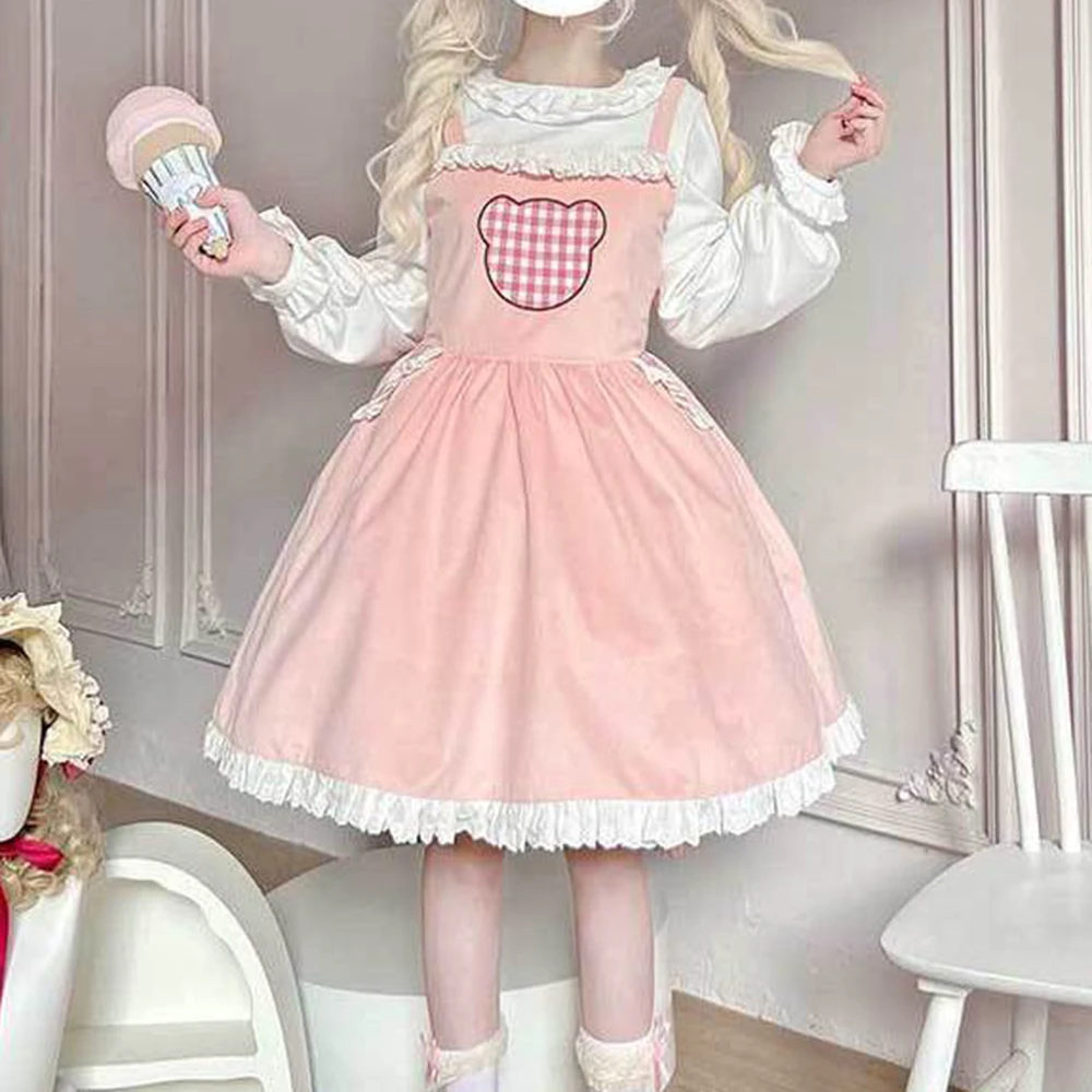 

Bear Biscuit Girl Bear Pink Strap Skirt Autumn and Winter Cute Skirt Soft Girl Corduroy Dress Lace vintage dress