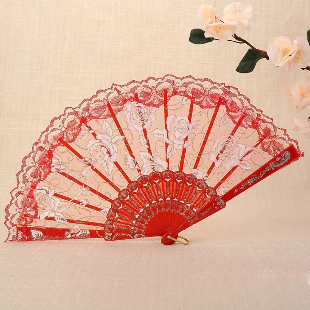 Home Decoration Handheld Ladies Lace Hand Fan Plastic Handle Rose Pattern Dance Fan Translucent Folding Fan Dance Prop