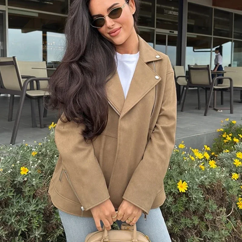 Spring Autumn Casual Lapel Suede Jacket Women Vintage Long Sleeve Jackets 2025 Fashion Female Outwear with Pocket