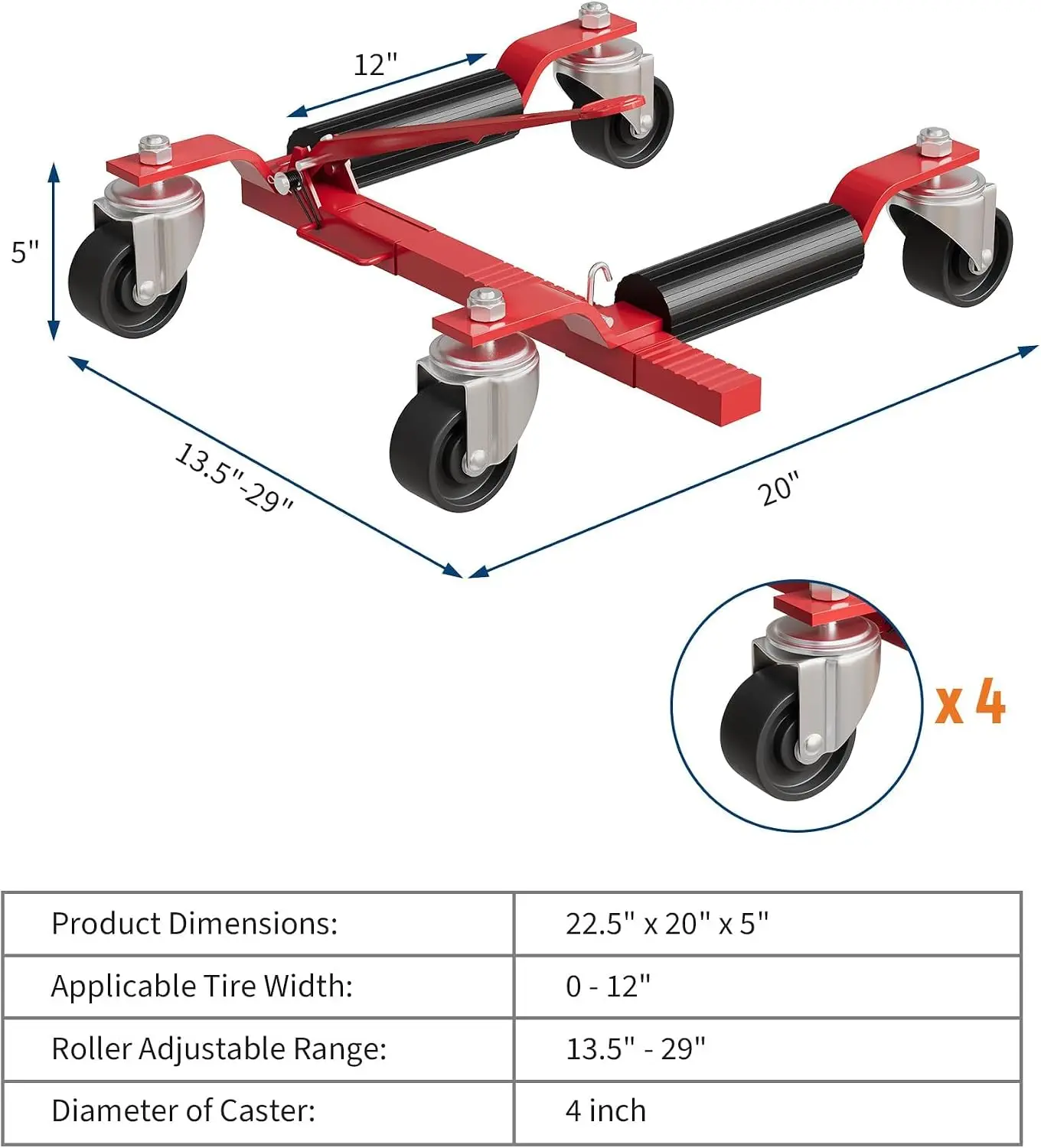 Tacleekii 2 4 Pack Car Wheel Dolly Jack 1500LBS Capacity Wheel Dolly with Mechanical Ratcheting Pedal, Heavy Duty Vehicle Positioning Jack with Steel Twin Rollers for Auto Repair, Tire and Vehicle Moving, Red