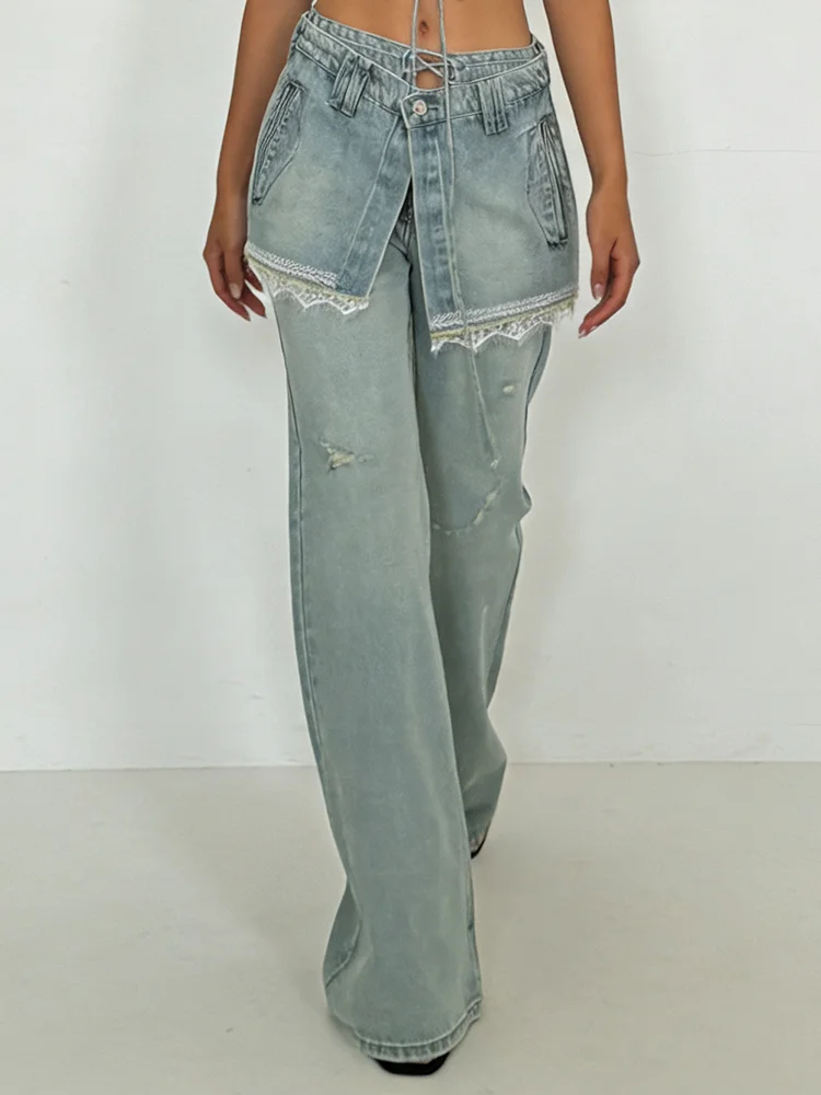 PBAP Wrap Skirt Woman Baggy Jeans Lace Trim Vintage Washed Fake Two-piece Pockets High Waist Straight Pants Korean Retro Clothes