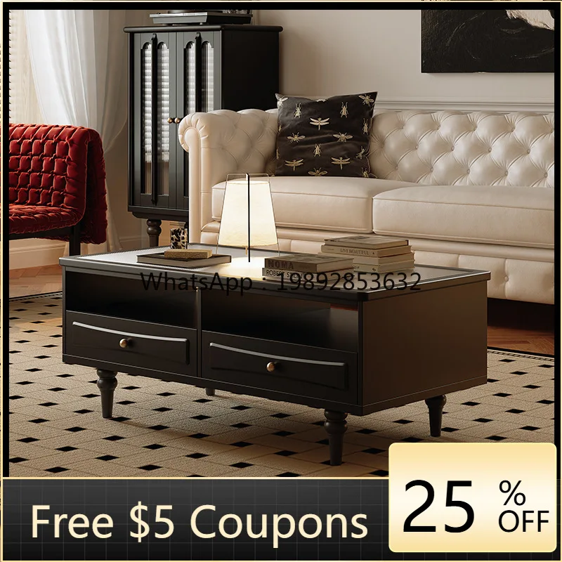 LYY American Retro Coffee Table for Living Room French Style Small Apartment Black High-end TV  Combination Solid Wood Tea Table