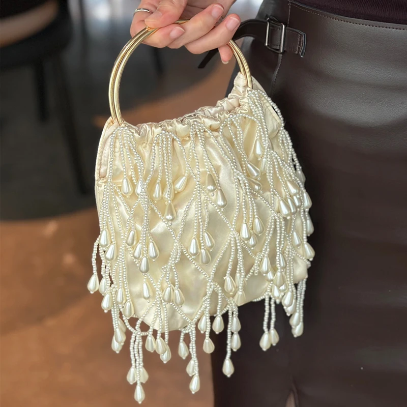 

Fashion Mini Satin Clutch Evening Bags For Women Luxury Designer Handbag Purses 2026 New In Beaded Woven Metal Ring Handle Wrist