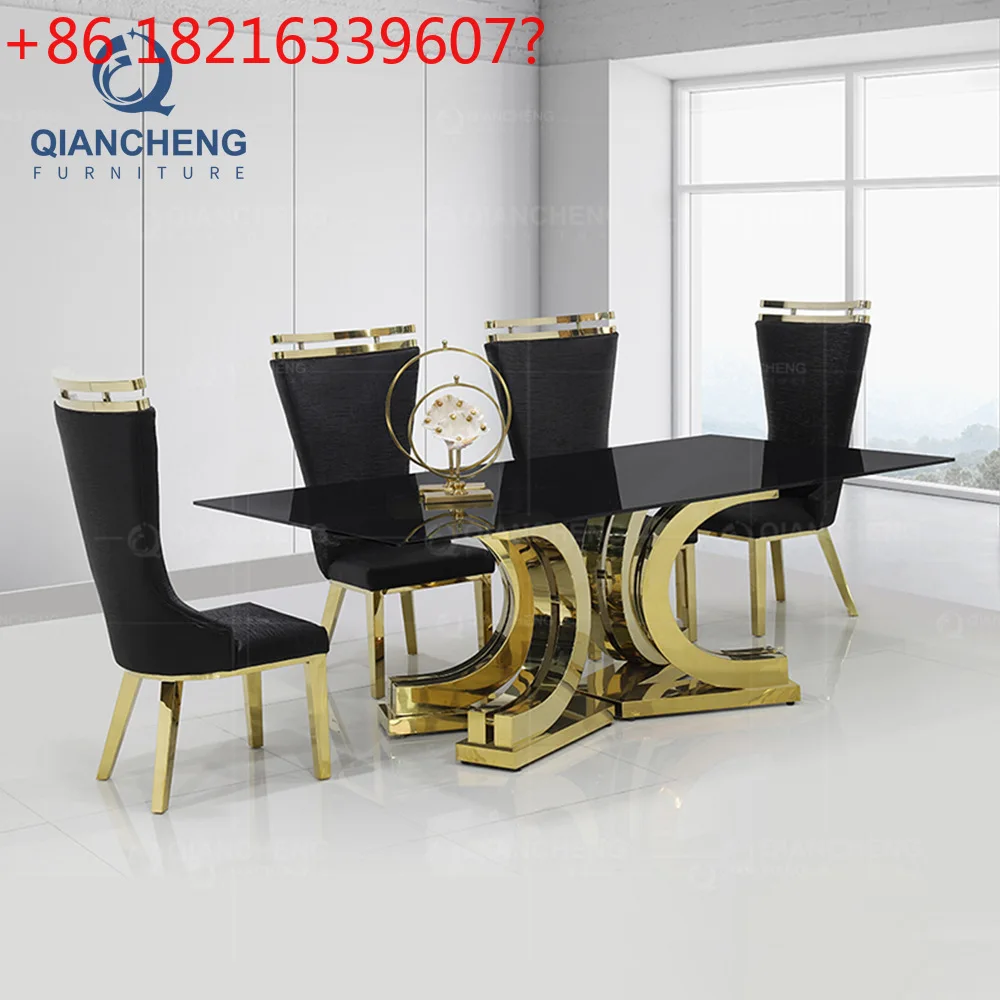

Modern light luxury glass luxury restaurant dining table for 6 people, a set of golden stainless steel dining table and chairs