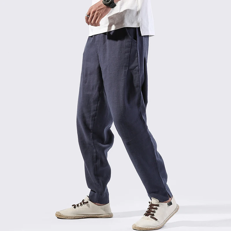

2024, весна-лето, повседневные льняные брюки, мужские шаровары, спортивные спортивные штаны для бега, однотонные черные, серые брюки до щиколотки