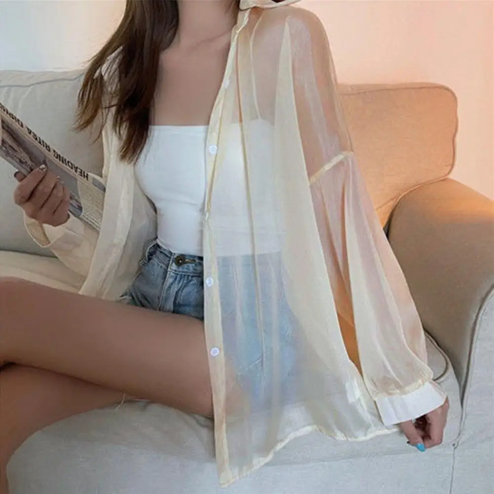 Women Long Sleeved Shirt Lady Sunscreen Coat Female Casual Loose Shirts Thin Transparent Blouses 2024 Summer Beach Clothing