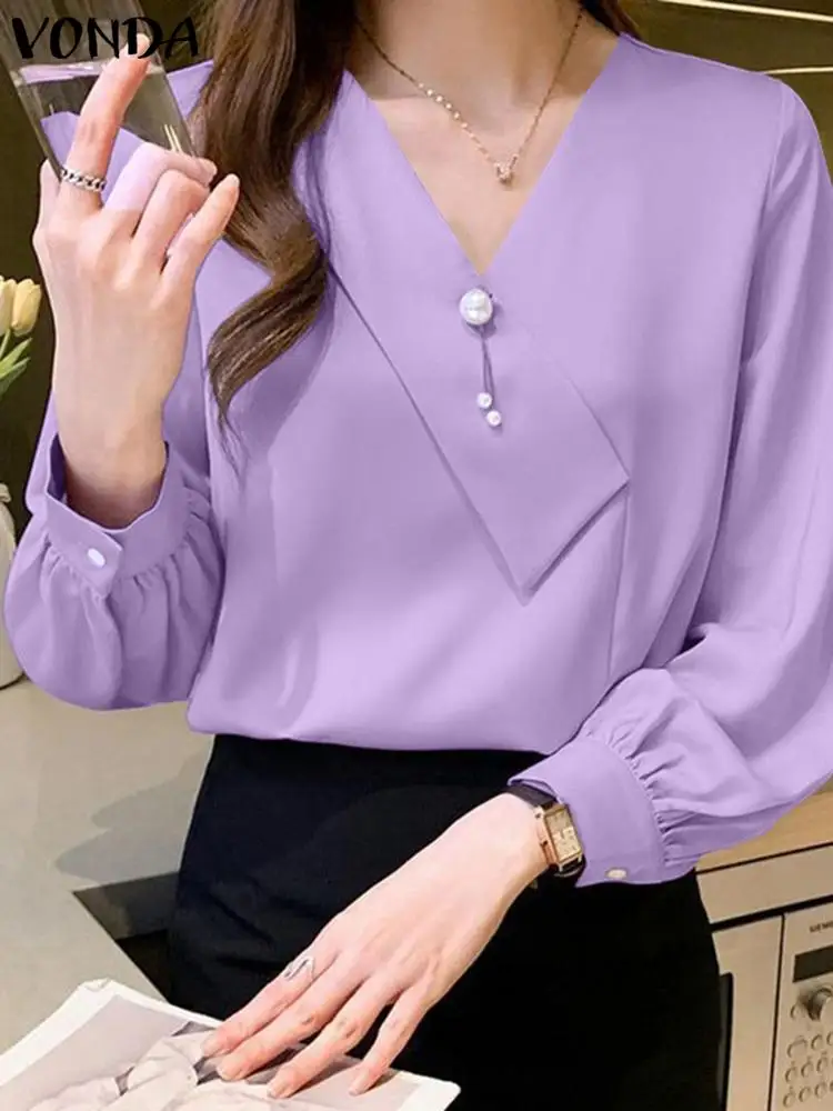 VONDA 2024 Summer Spring Solid Color Shirts Women Elegant Blouse Fashion Office Lantern Sleeve V Neck Tops Sexy Beach Blusas