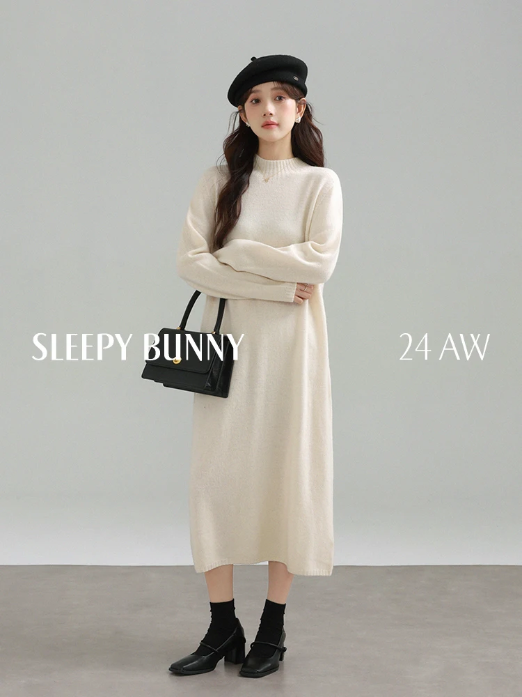 Elegant Wool Knit Dress Round Neck Long Sleeve Midi Slim Loose Outfit for Petite Women Autumn Winter Warm Casual Fashion 2025