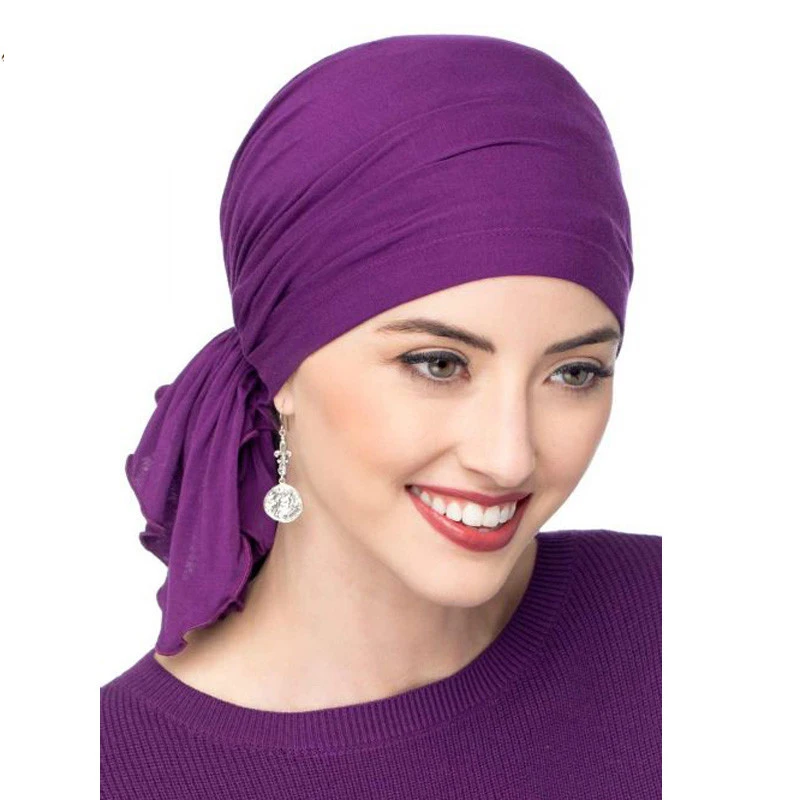 Pre-Tied Women Muslim Hijab Turban Chemo Cap Strech Long Tail Hat Hair Loss Bonnet Bandana Femme Solid Color Headwrap Scarf Caps