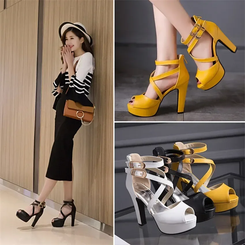 Big Size Women Gladiator Sandals White Yellow High Chunky Heel Sexy Party Office Ladies Cross Buckle Strap Zipper Platform Shoes